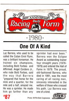 1993 Horse Star Daily Racing Form 100th Anniversary #87 Laz Barrera Back